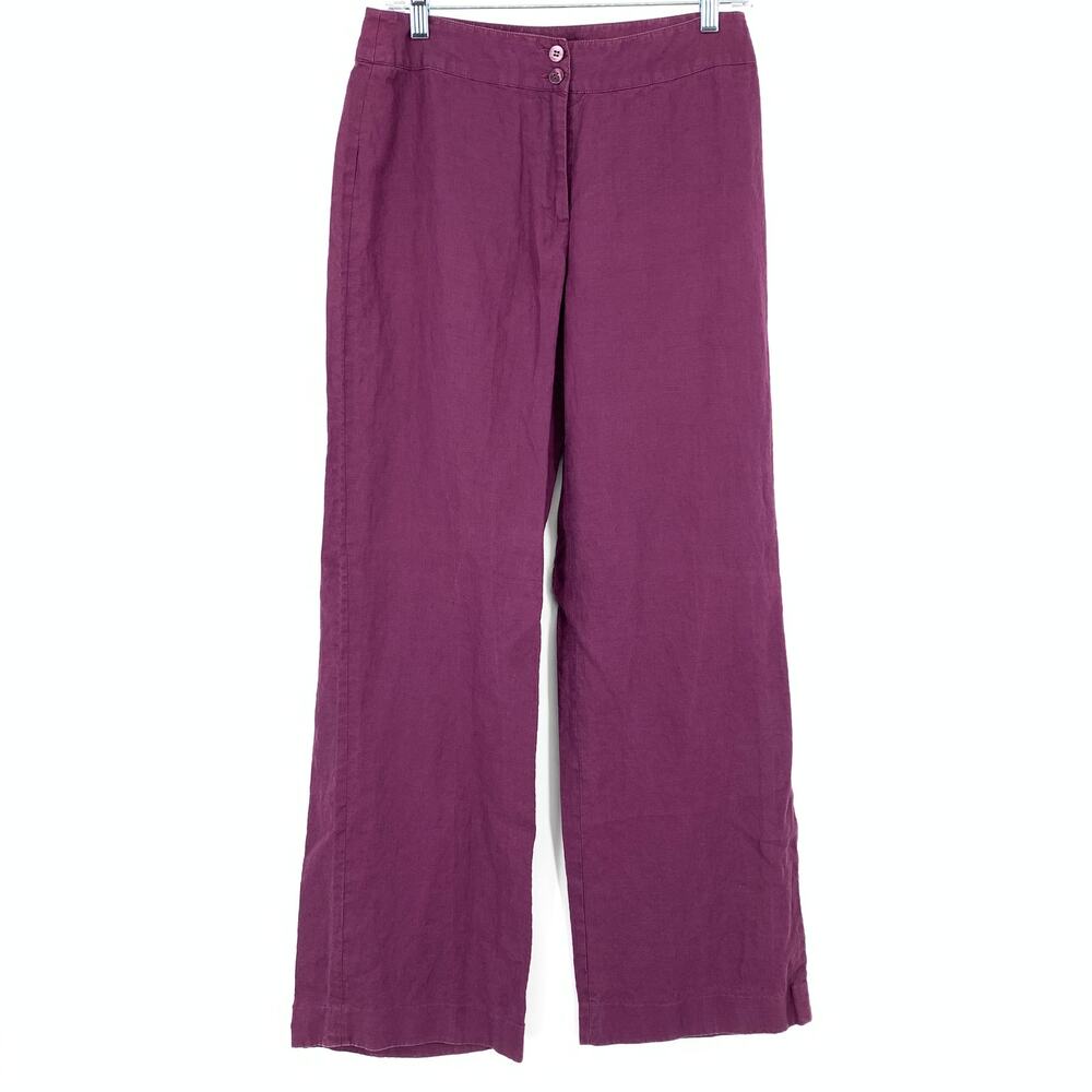 123 Paris Wide Trouser Leg 100% Linen Pants Womens Size 8 Purple Plum